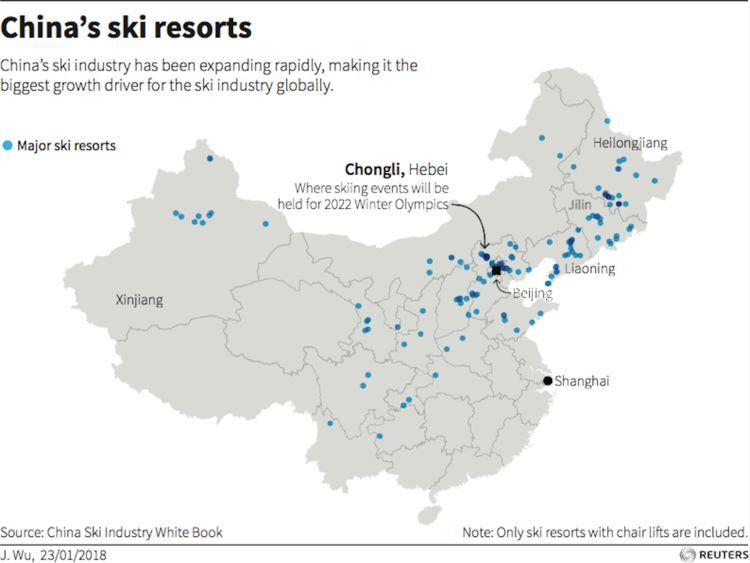中国滑雪场分布，图片来自路透社